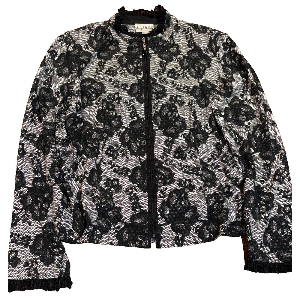 NWOT Joseph Ribkoff sequins black lace jewel zip short jacket womens' sz 16